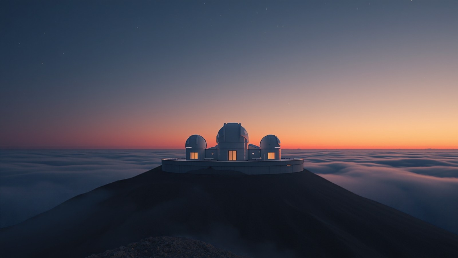 Observatory domes silhouetted against an orange twilight horizon
