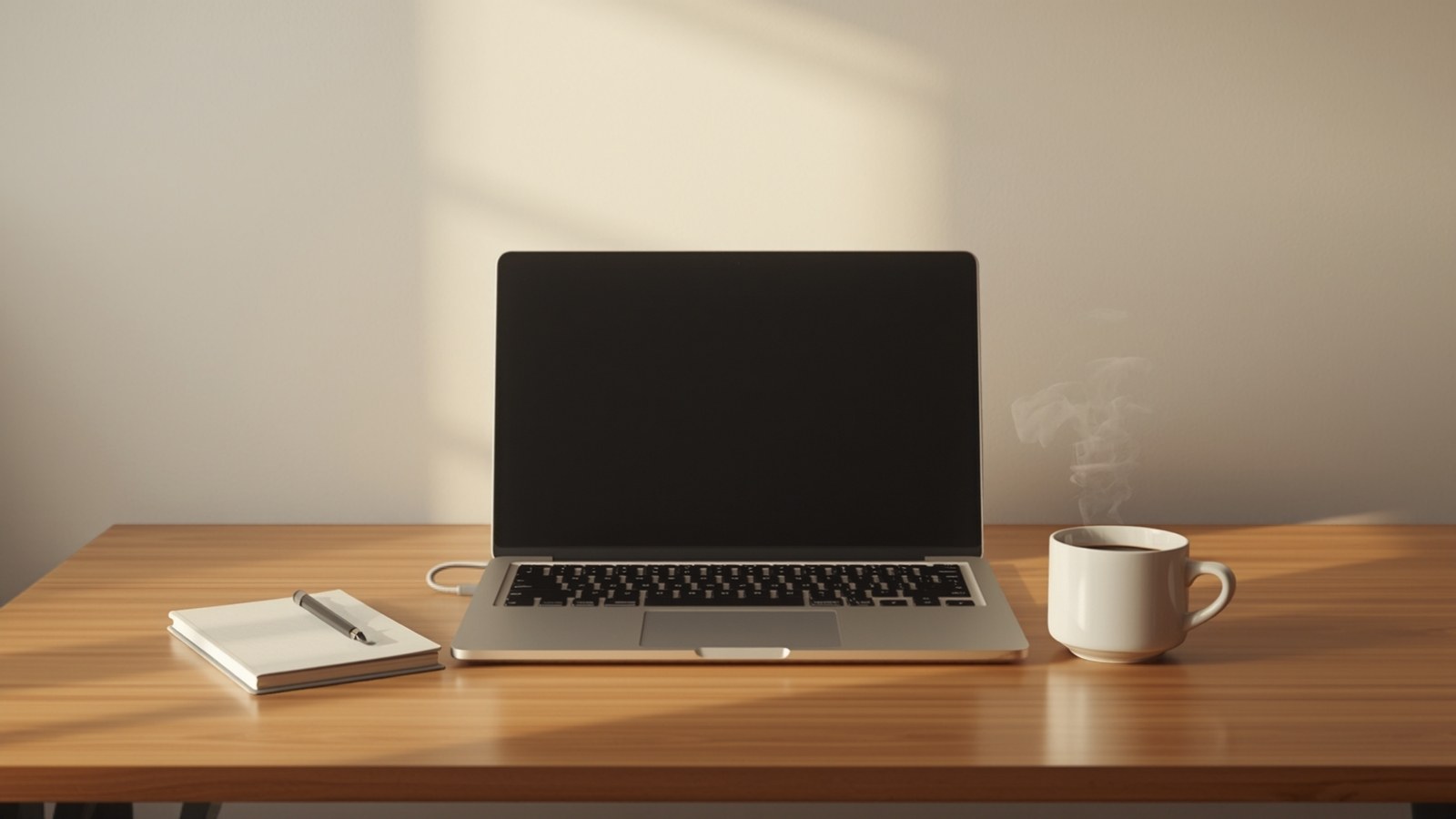 Laptop with dark screen on a wooden desk beside a notebook and coffee