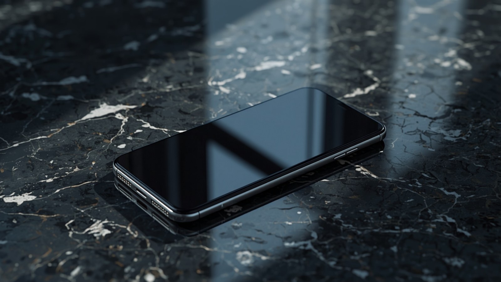 Unbranded smartphone on dark marble with reflections