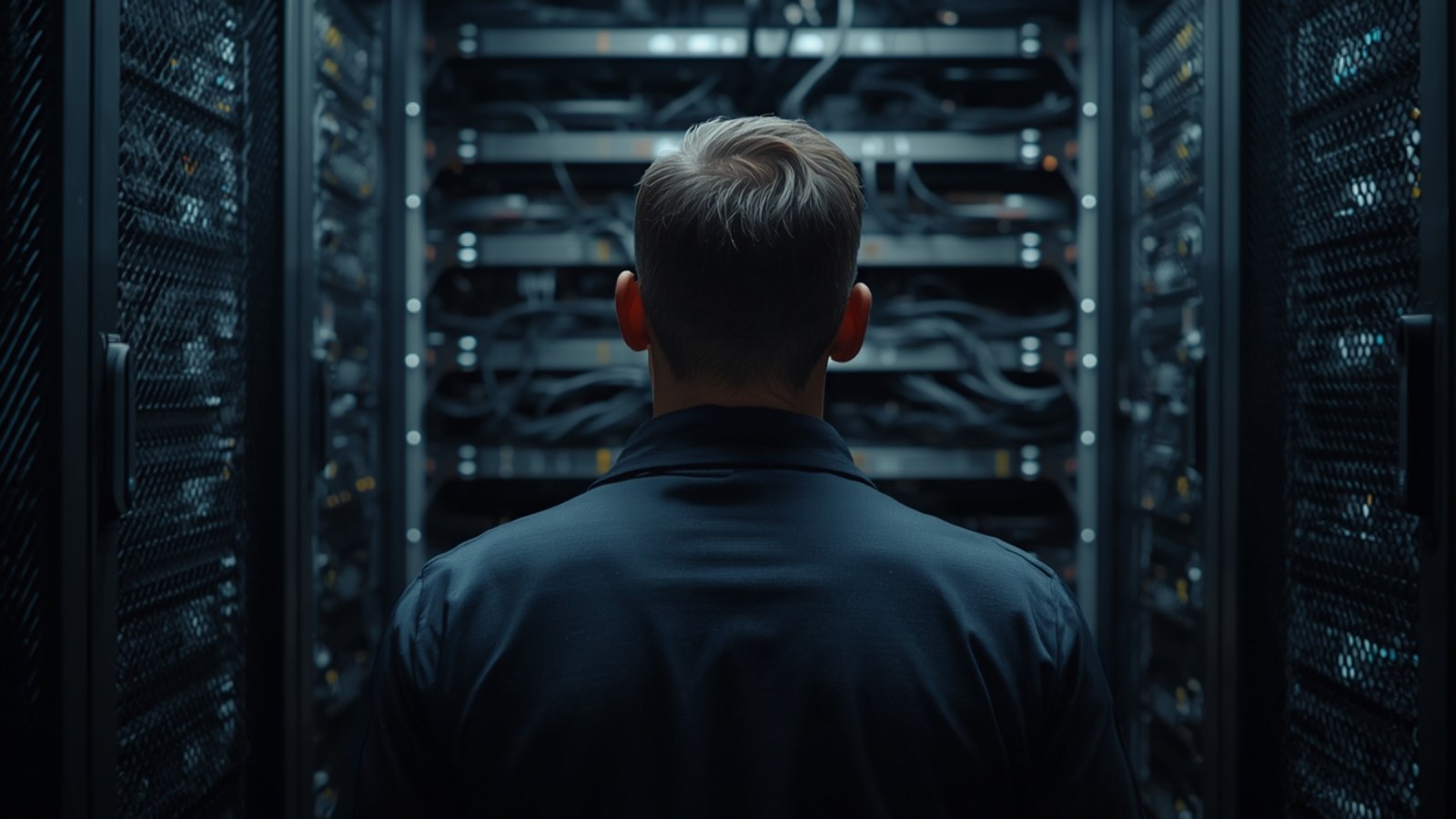Technician from behind in front of an open server rack with cabling