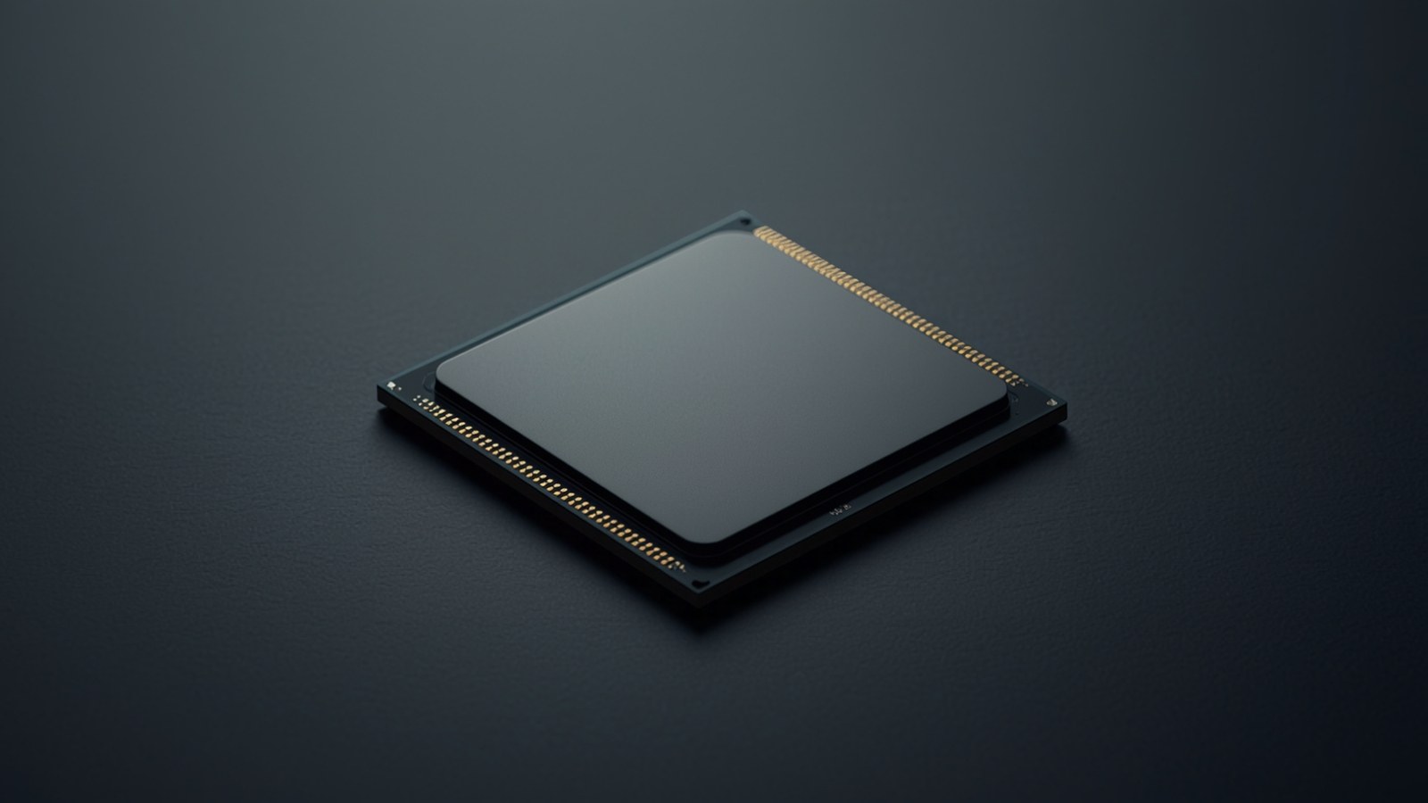 Large dark chip package with rows of gold contacts along its edges, lying on a matte dark surface