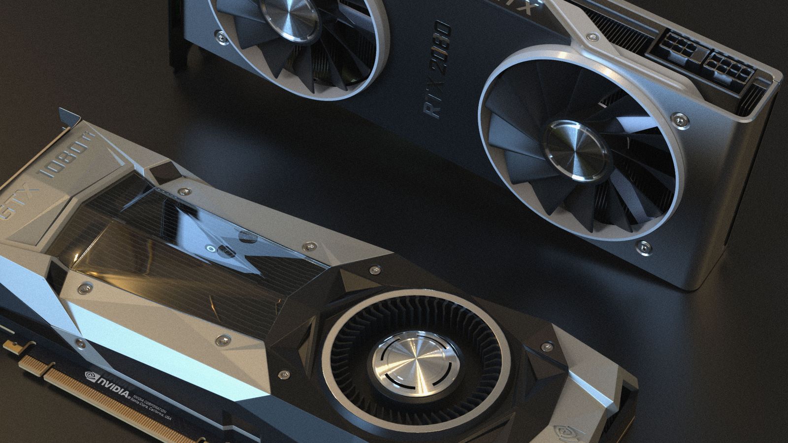 Top view of NVIDIA GTX 1080 and RTX 2080 graphics cards used in advanced computer setups.