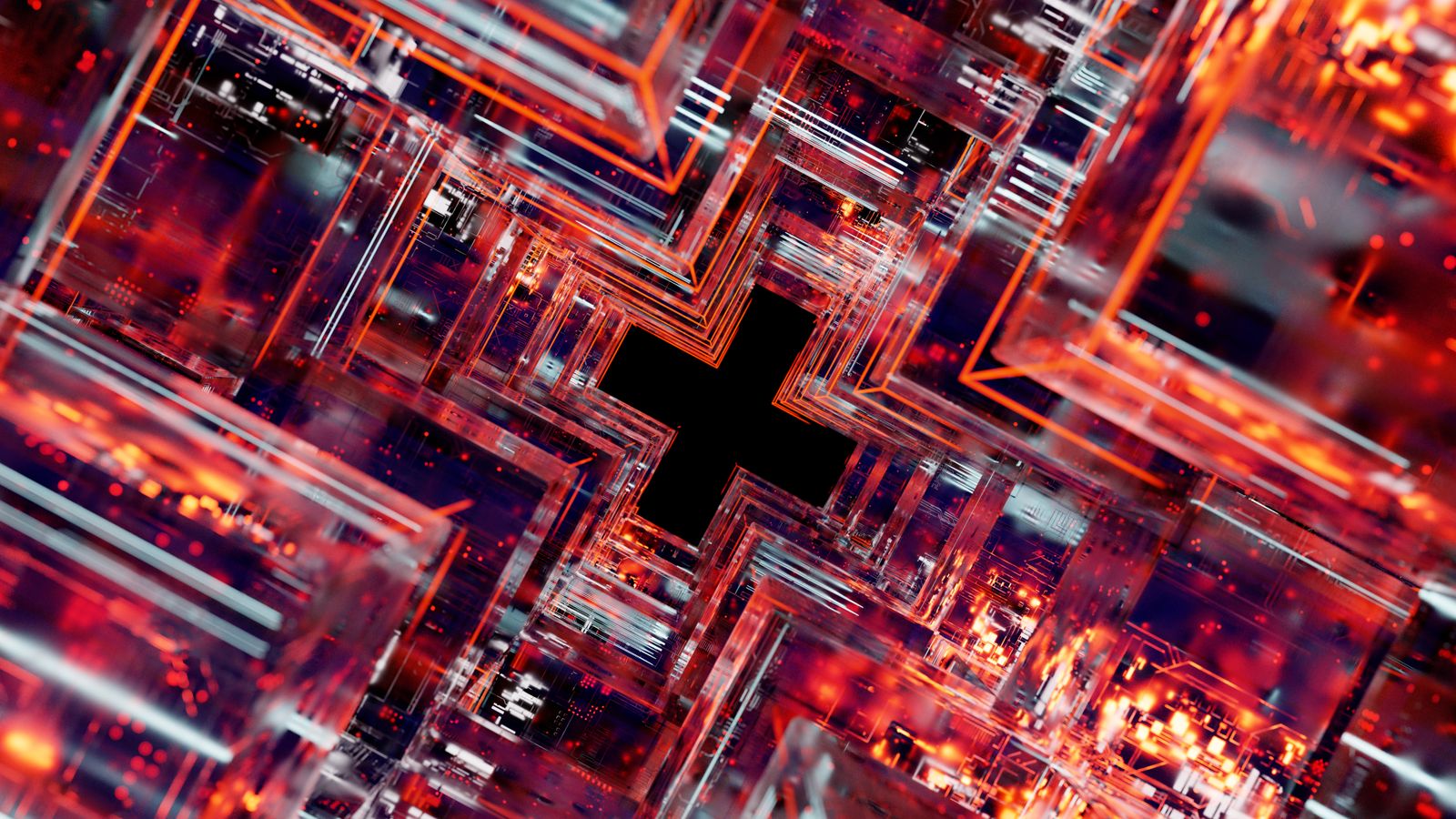 Abstract view of futuristic technology inspired circuitry in vivid colors.