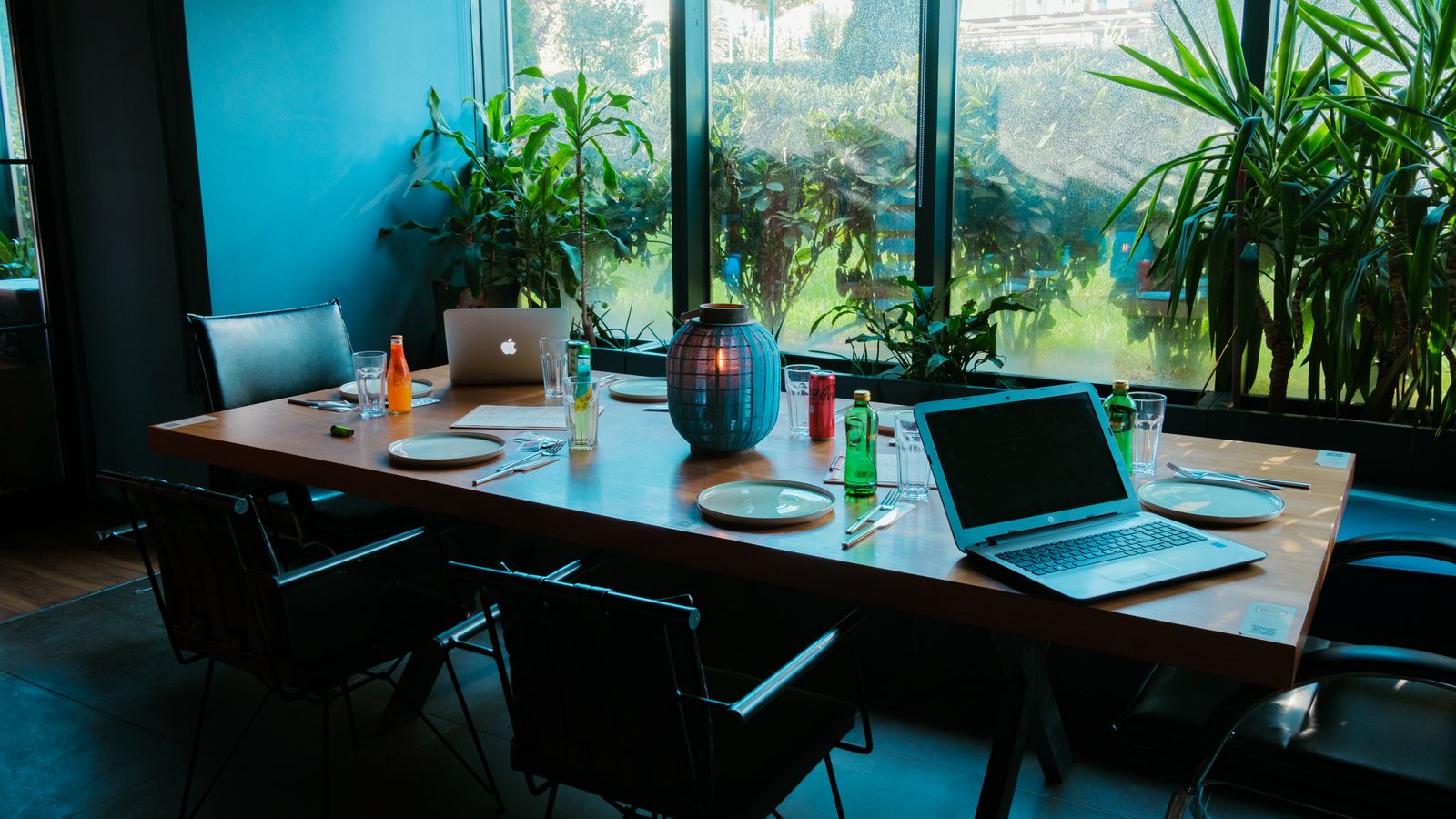 Modern office meeting room with laptops, drinks, and lush greenery.