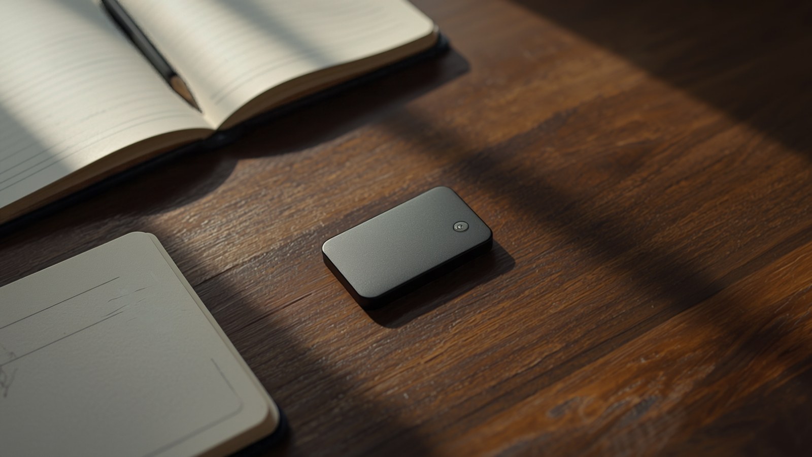 Small hardware wallet device on a desk beside an open notebook