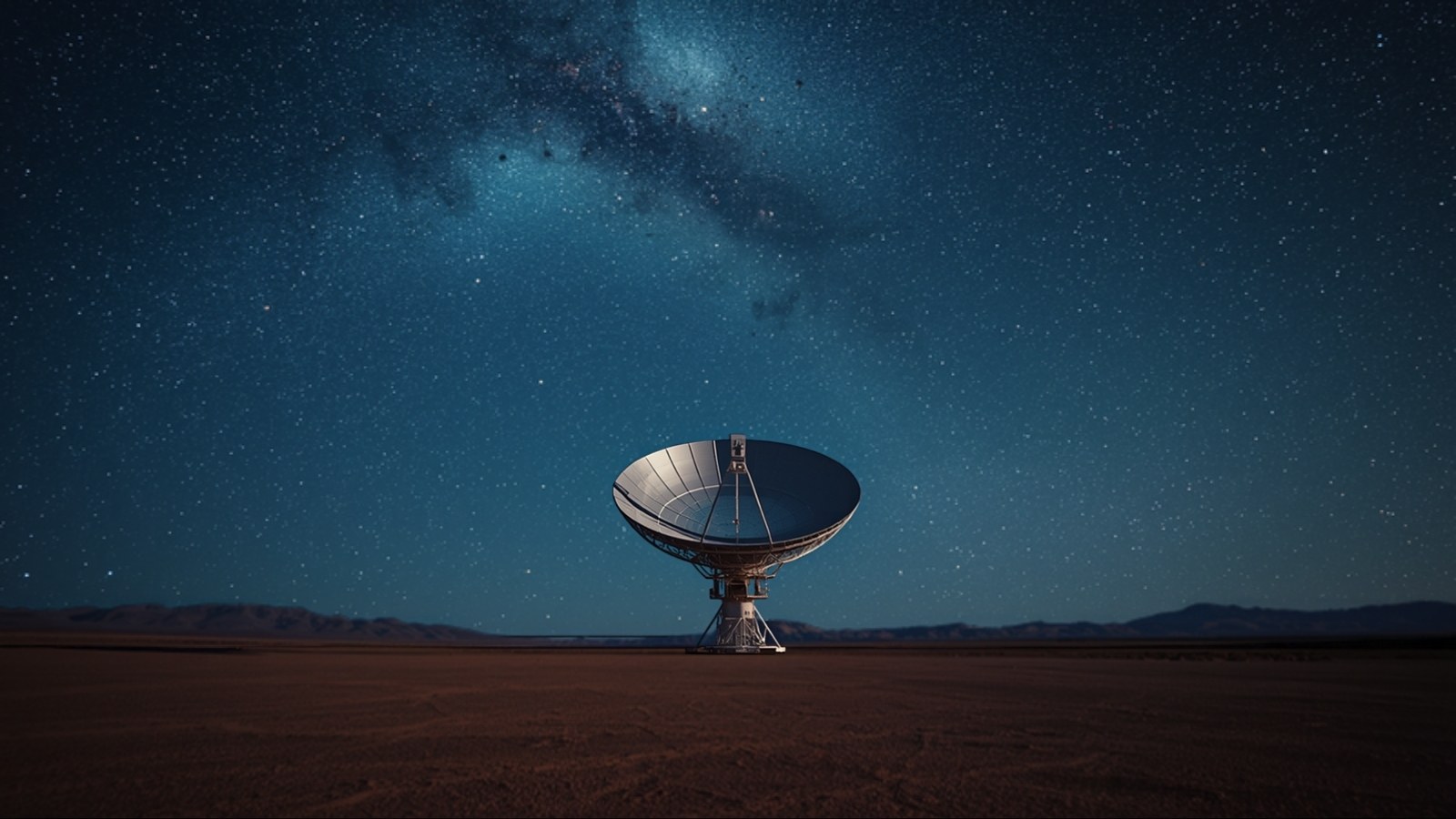 Radio dish pointed at a star-filled night sky over a desert