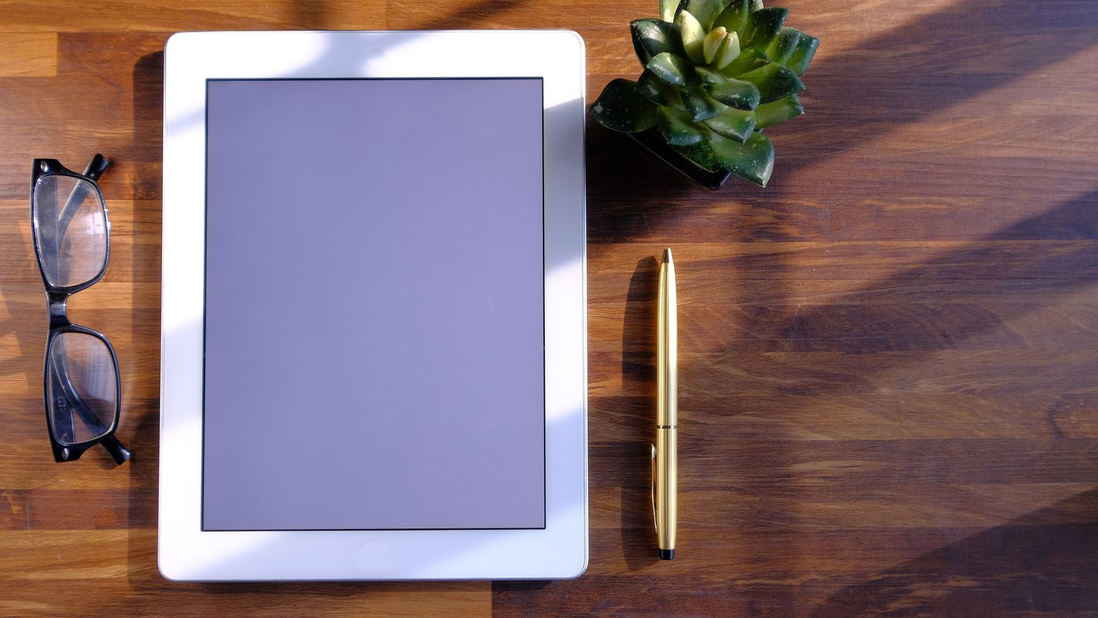Top view of tablet, eyeglasses, pen, and succulent on wooden surface.