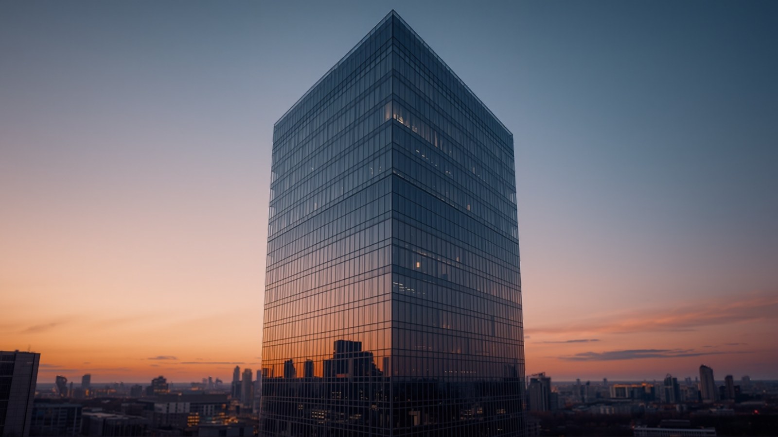 Glass office tower above a city skyline at sunset
