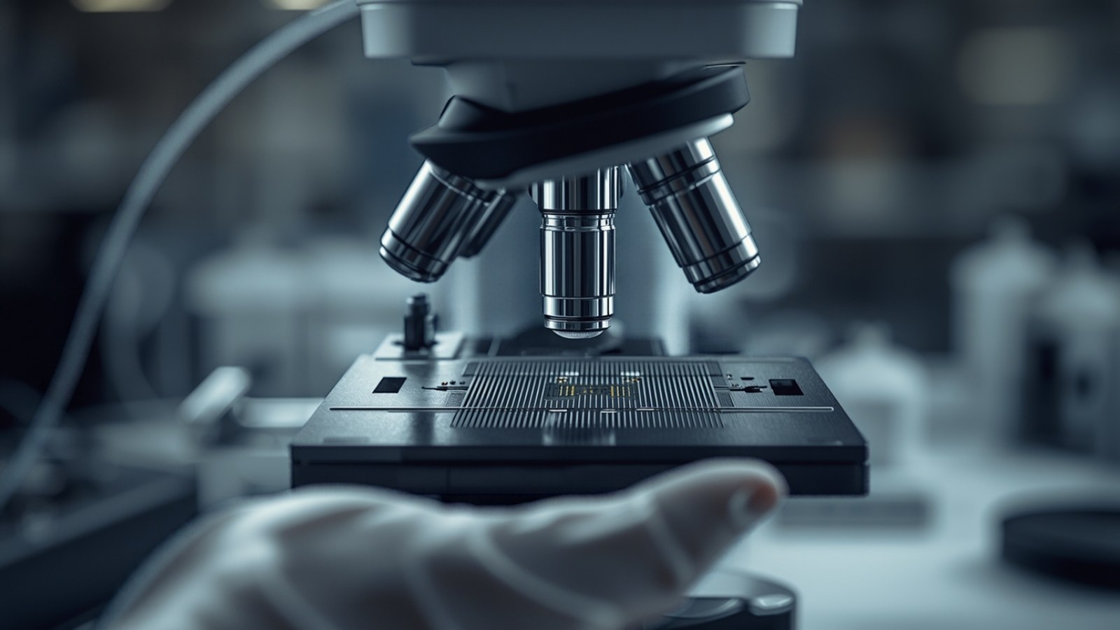 Laboratory microscope objectives above a patterned chip sample on the stage, gloved hand below