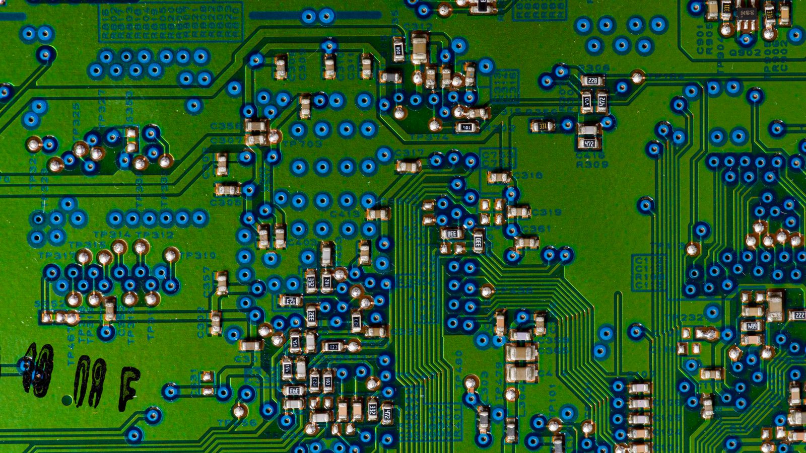 Detailed view of a circuit board highlighting electronic components.