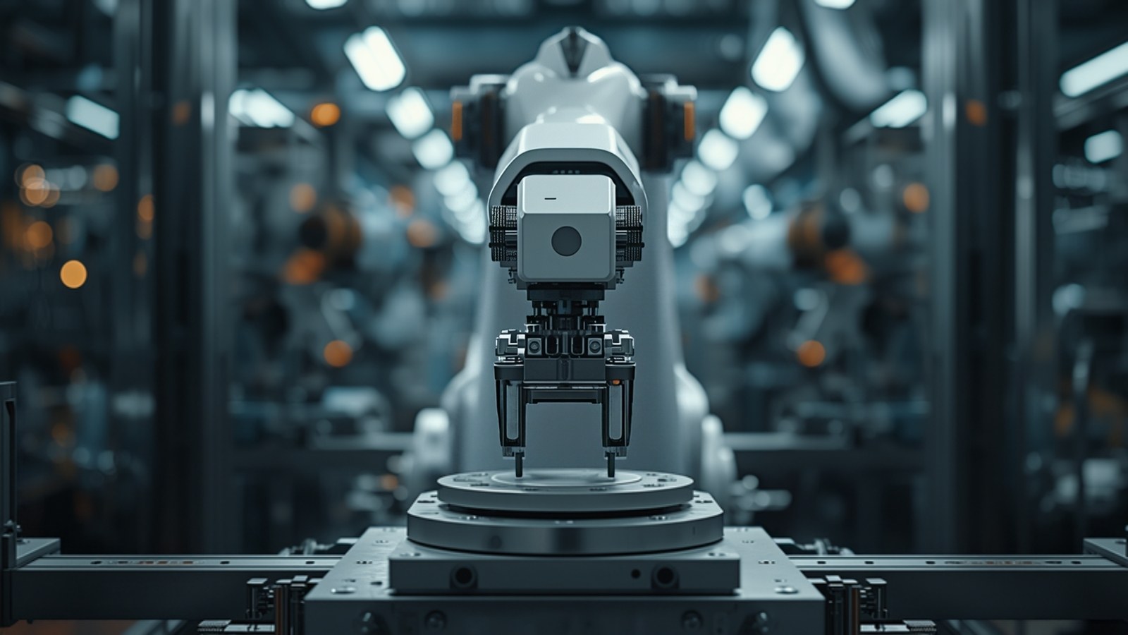 Industrial robot with a gripper in a dim automated factory