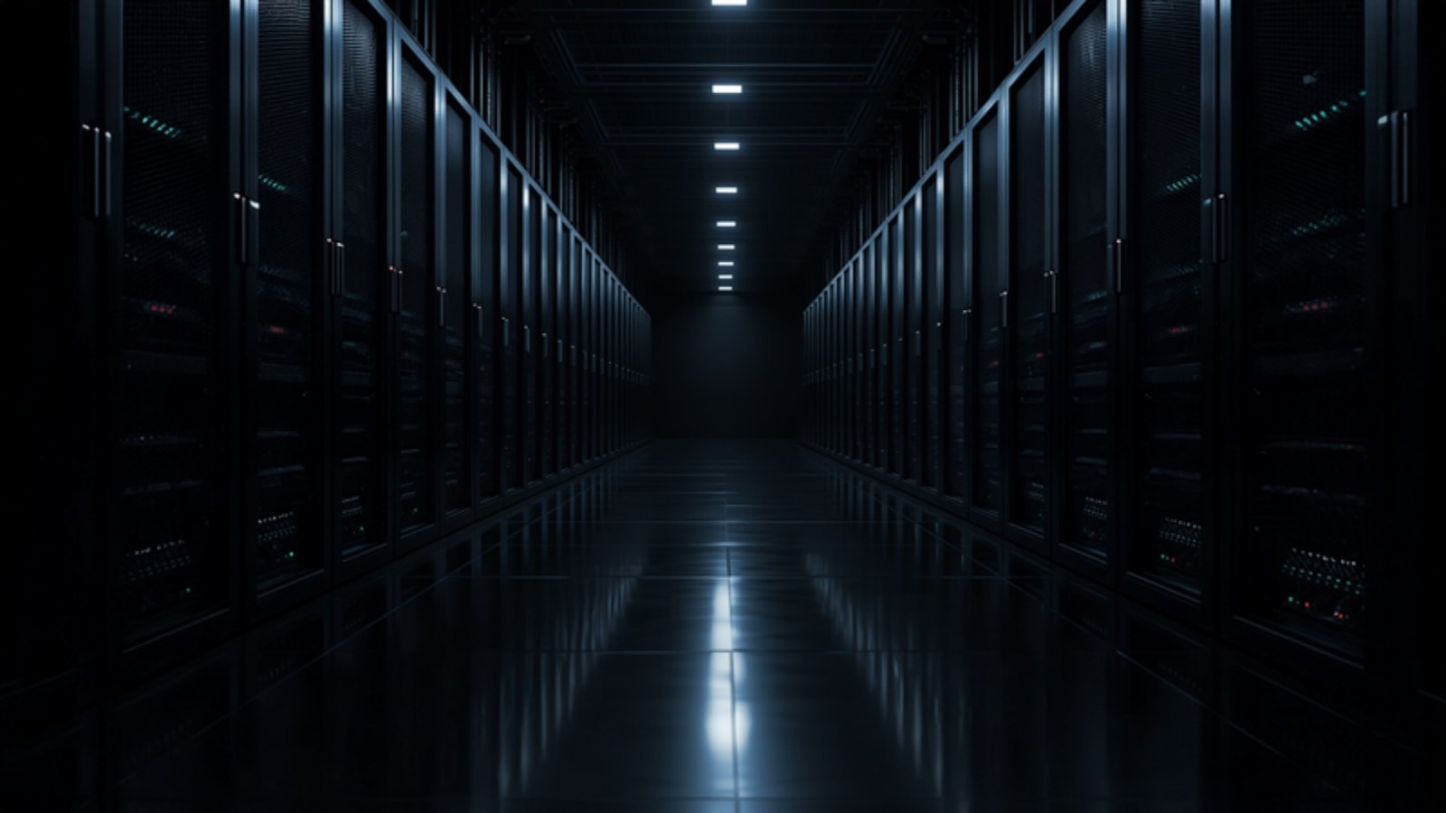 Dark data-center aisle lined with server racks under ceiling lights