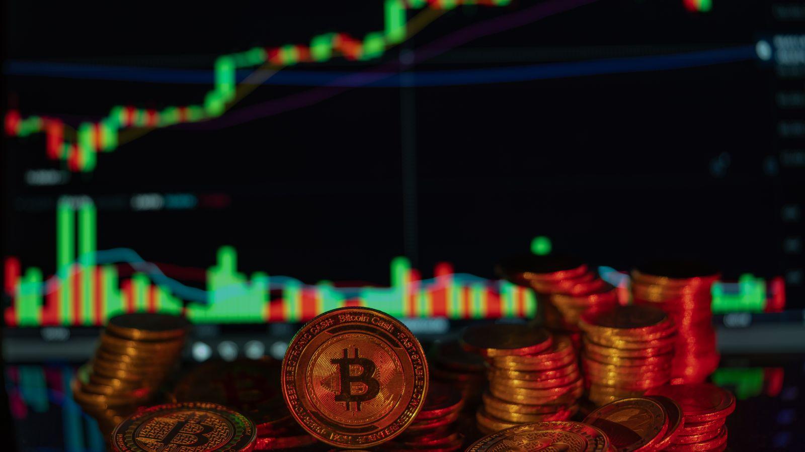 Stacks of Bitcoin coins with a financial market chart in the background, depicting cryptocurrency trading.