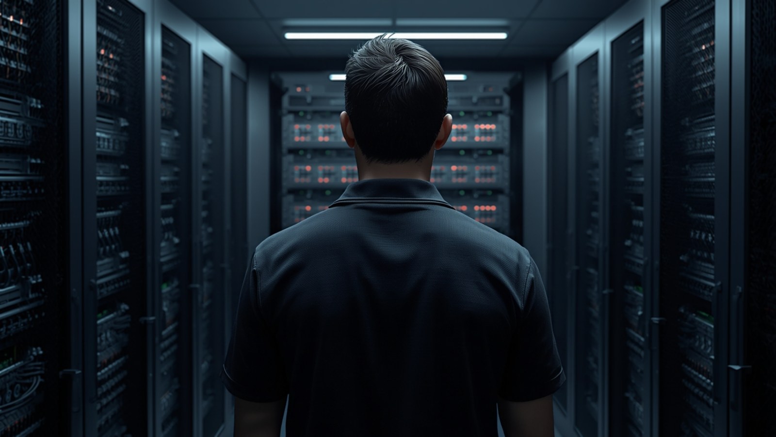 Technician seen from behind walking down a data-center aisle