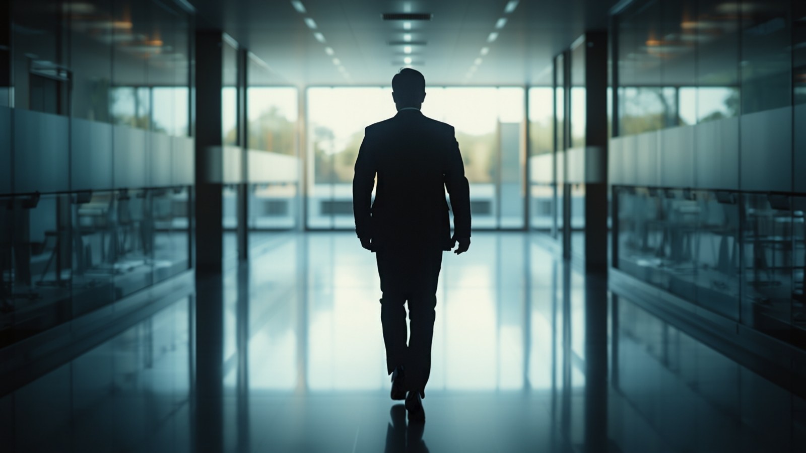 Silhouetted executive walking toward bright office windows