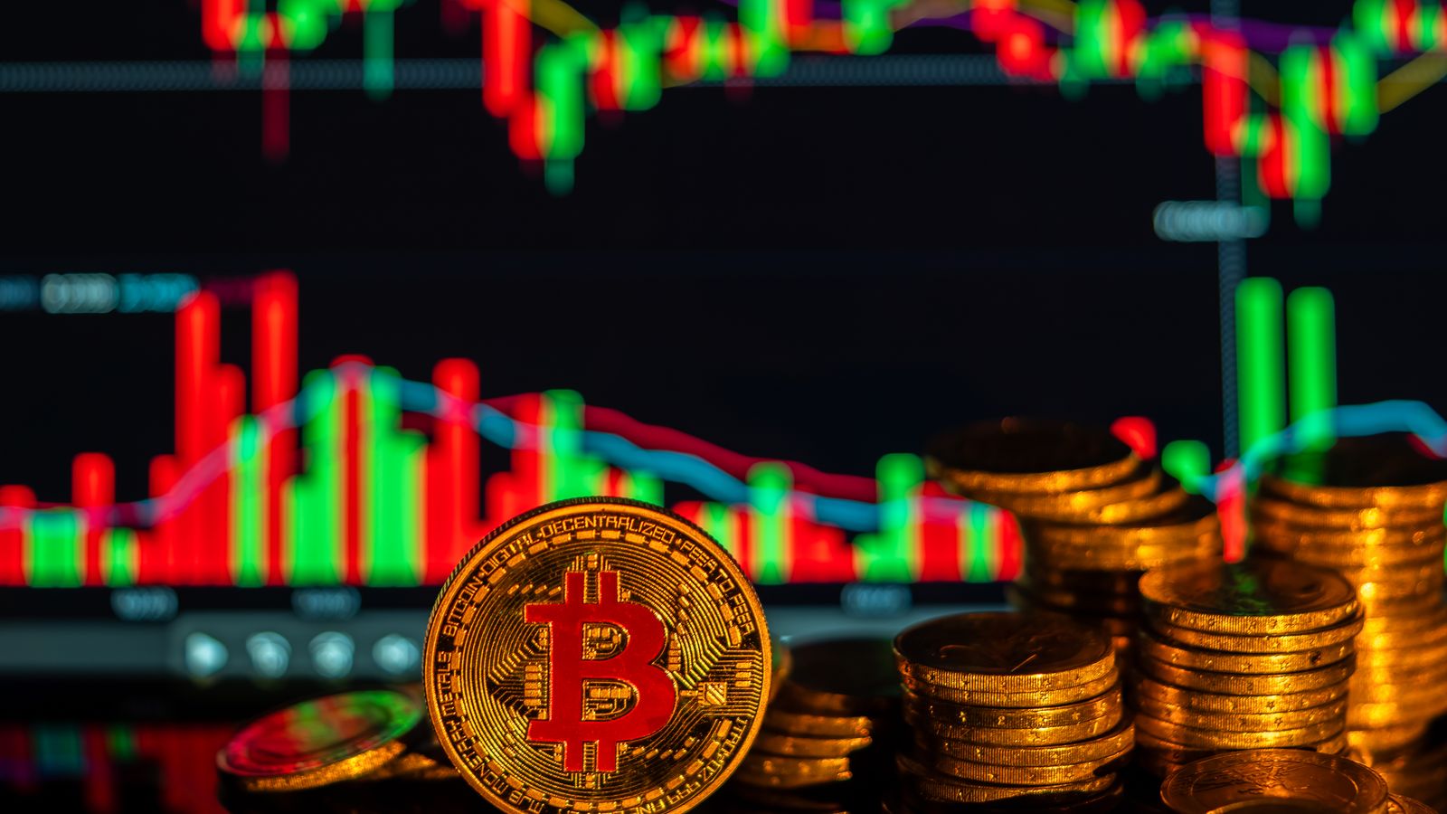 Golden Bitcoin with financial growth graphs, showcasing cryptocurrency market trends.