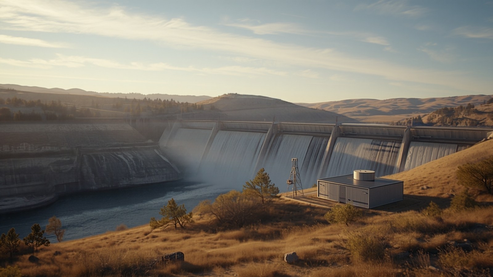 Hydroelectric dam with a small compute building on the riverbank