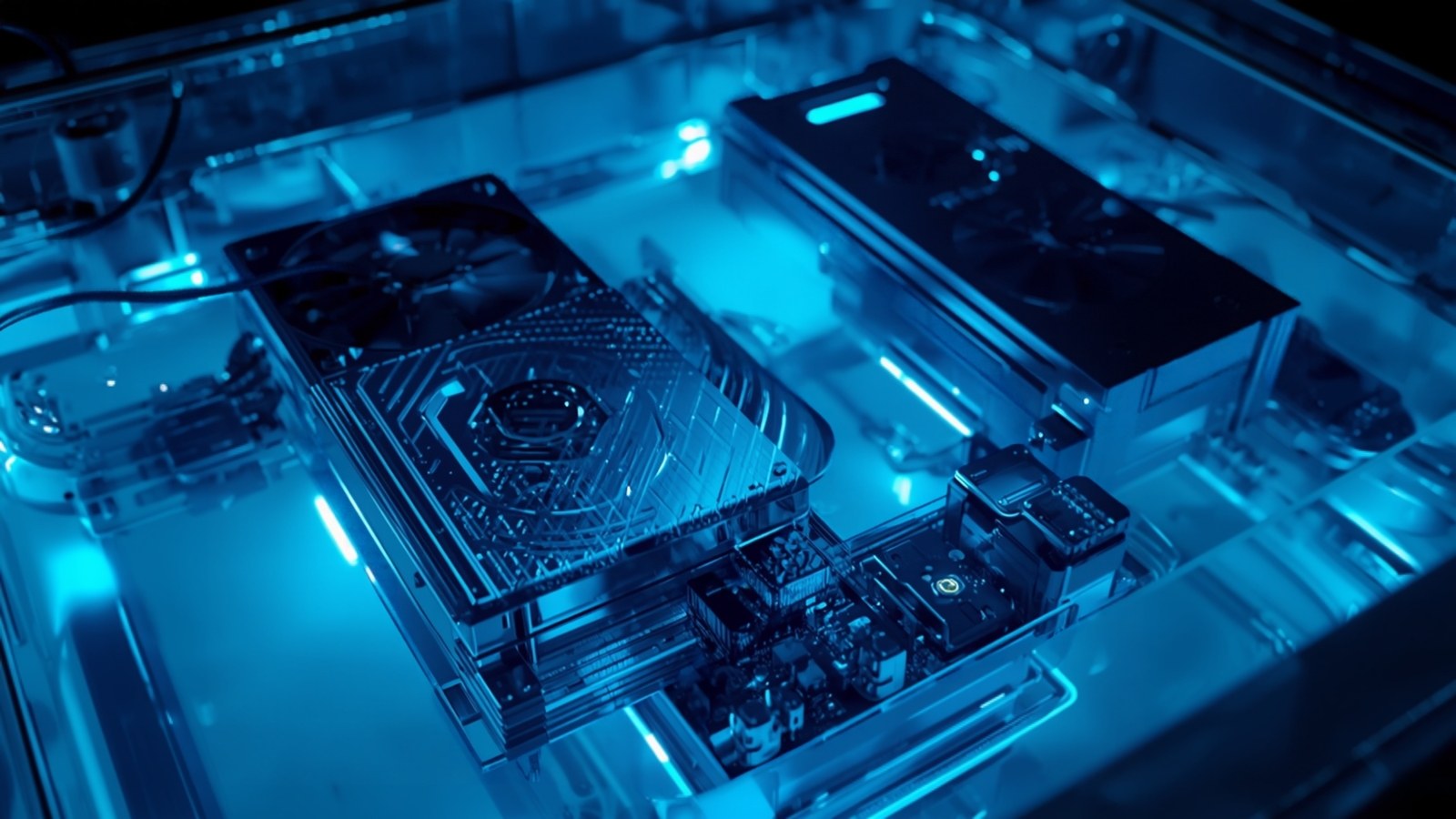 Mining hardware submerged in an immersion-cooling tank under blue light