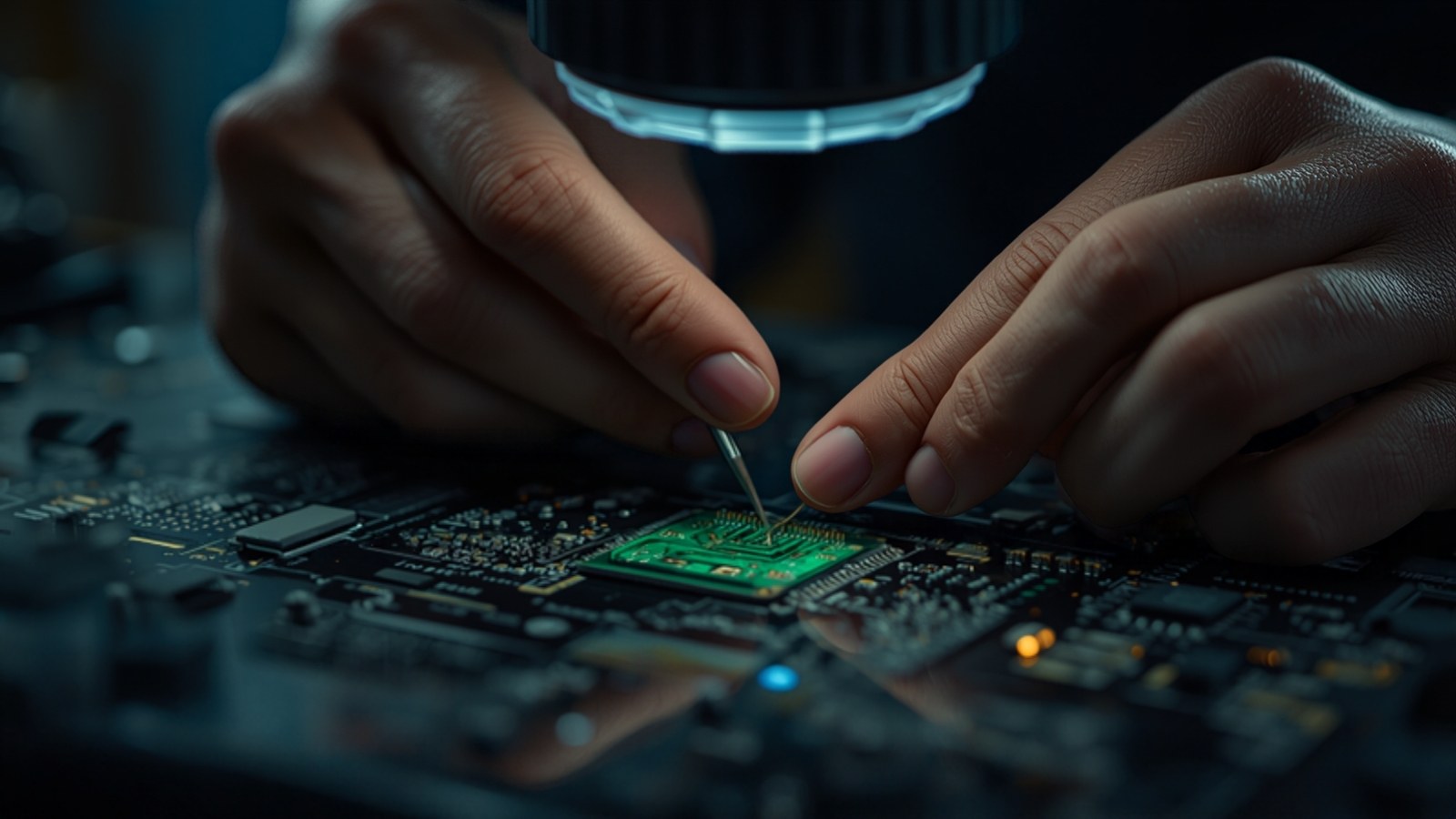 Hands working on a small circuit board under a magnifying lamp