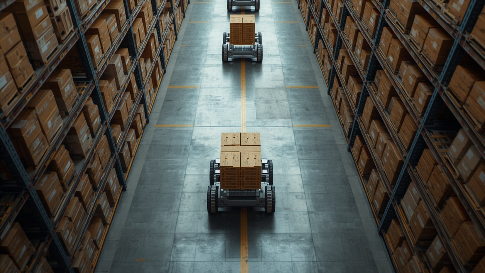 Autonomous robots carrying boxes down a warehouse aisle