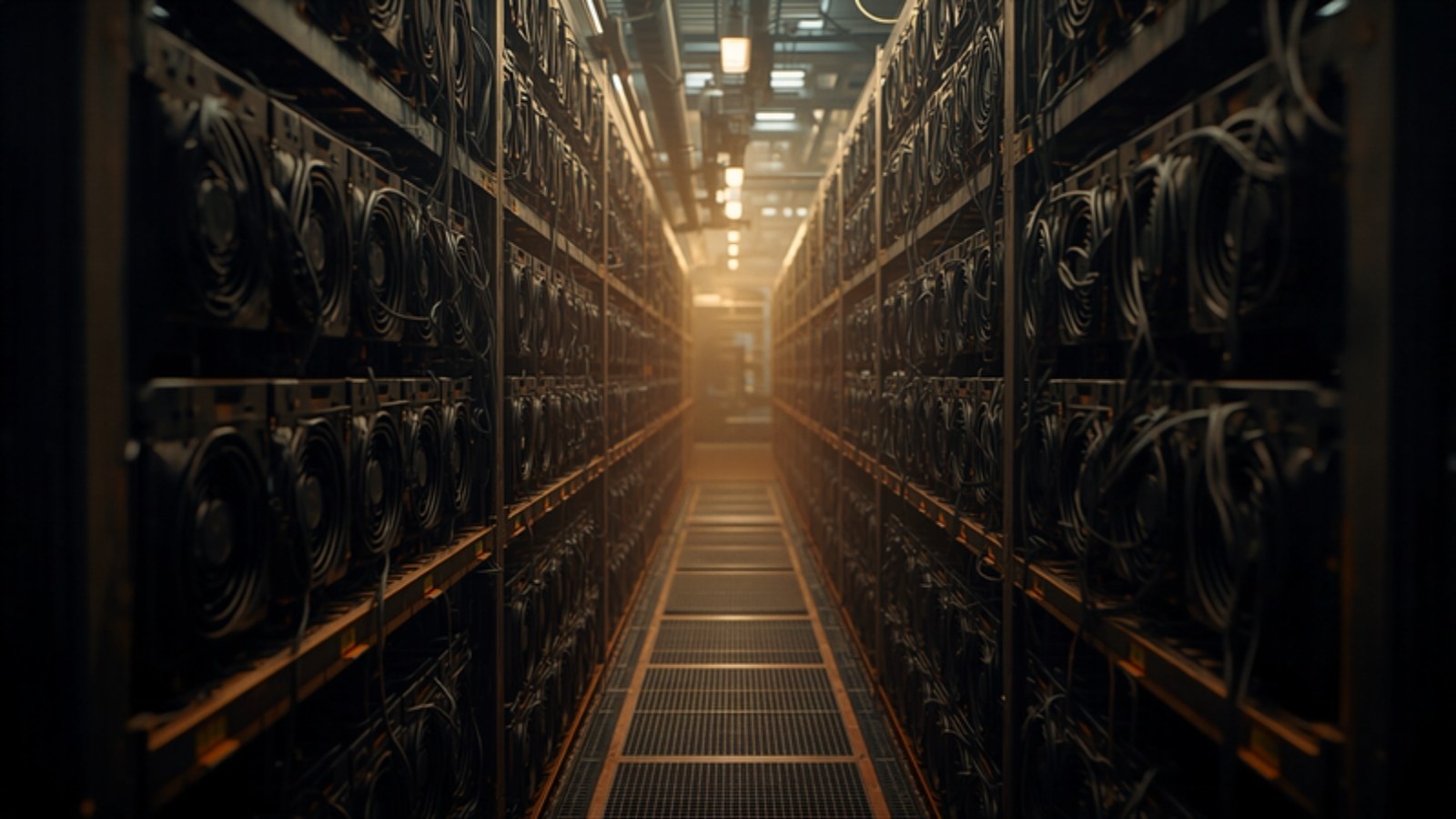 Narrow aisle between racks of fan-cooled mining hardware