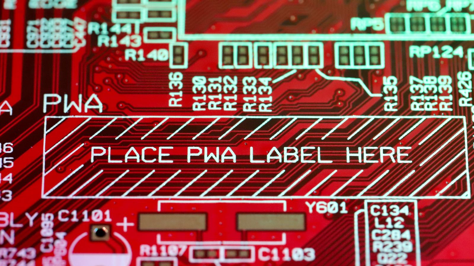 Red digital tech background of colorful circuit board with various numbers and symbols near text written on surface of microchip