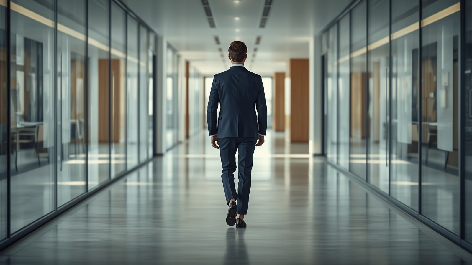Businessman walking down a glass-walled office corridor