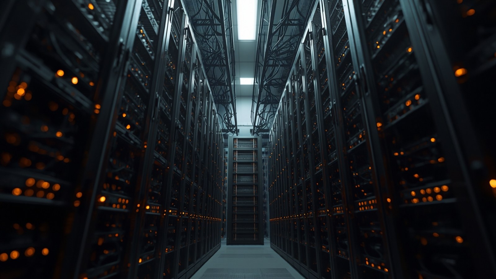 Low-angle view of tall server racks in a dim data hall