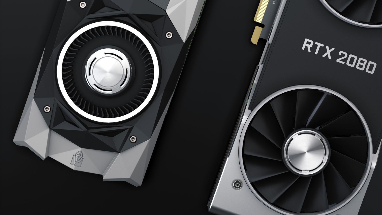 Close-up of two high-performance RTX 2080 graphics cards showcasing their sleek design and cooling fans.