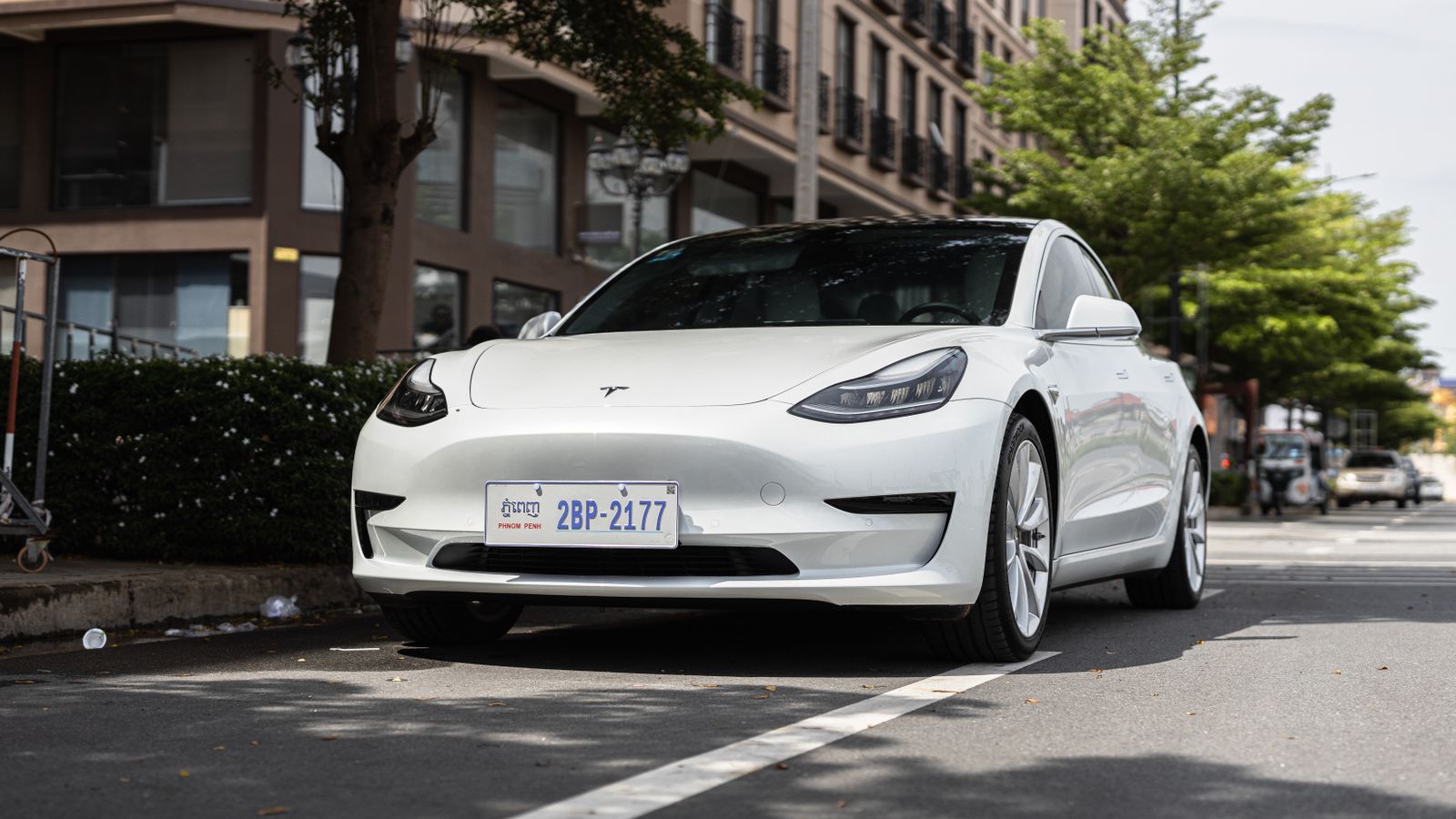 A sleek white Tesla Model 3 parked on a city street under trees, showcasing modern automotive design.