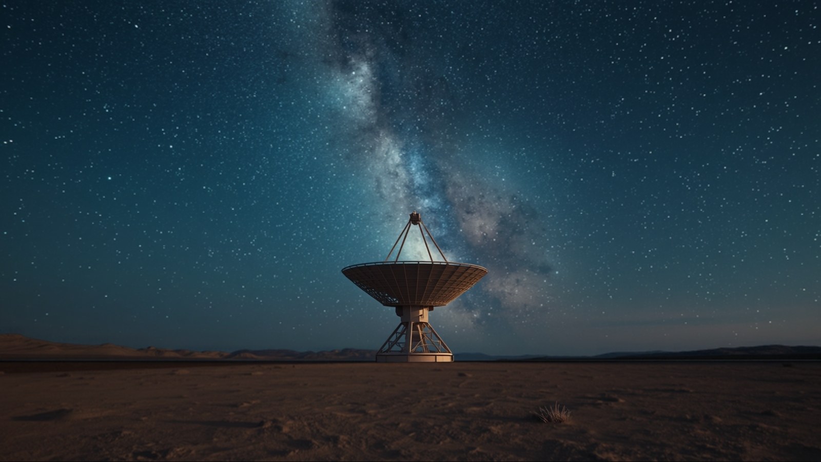 Radio telescope dish on a desert plain under the Milky Way