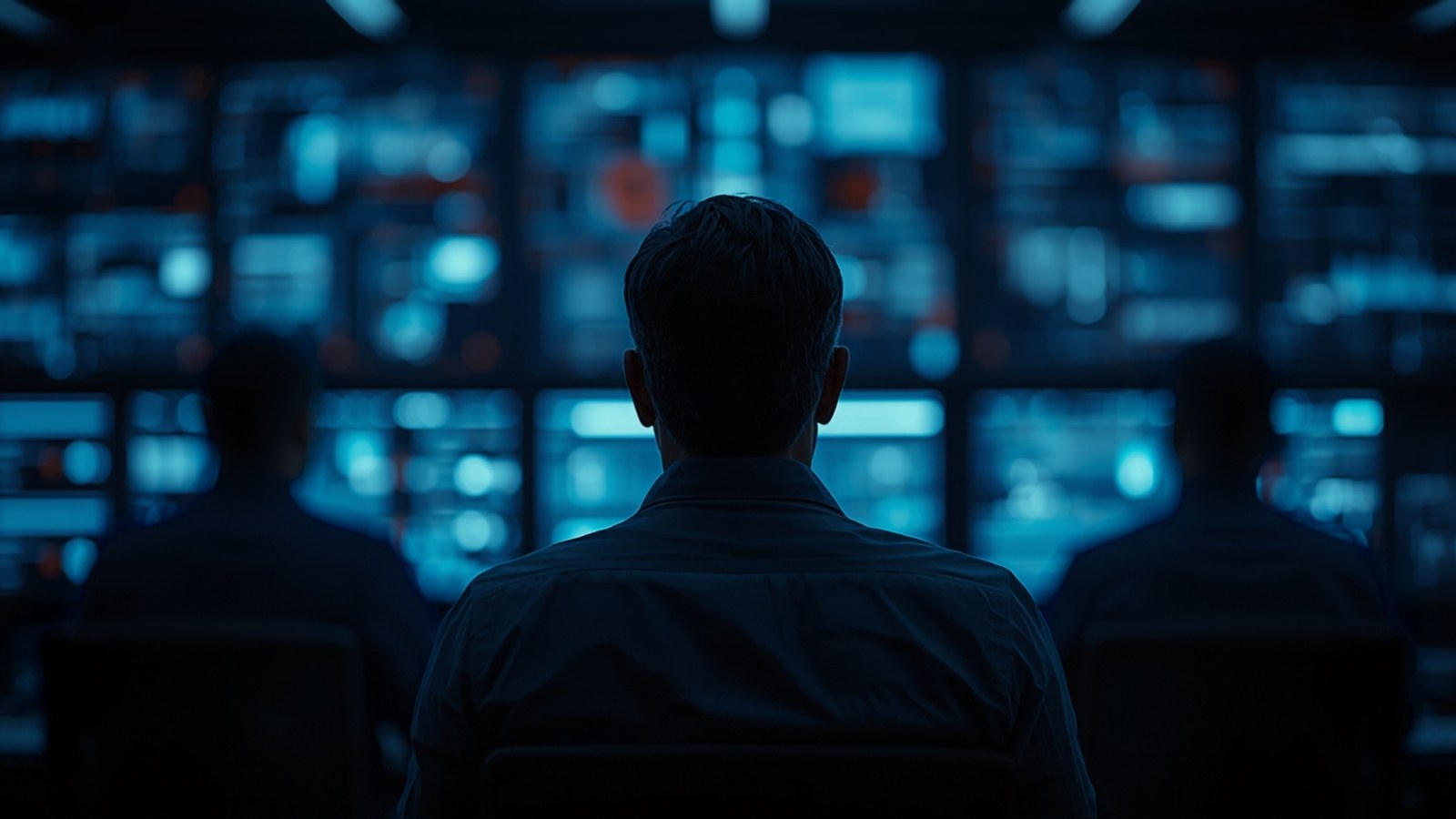 Analyst seen from behind facing a wall of blurred monitoring screens