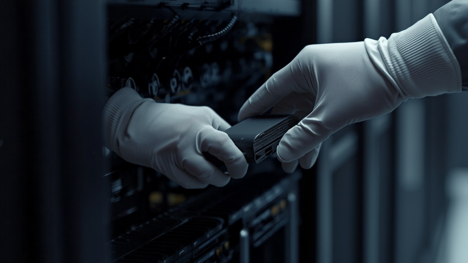 Gloved hands removing a component from a rack in a dim server room
