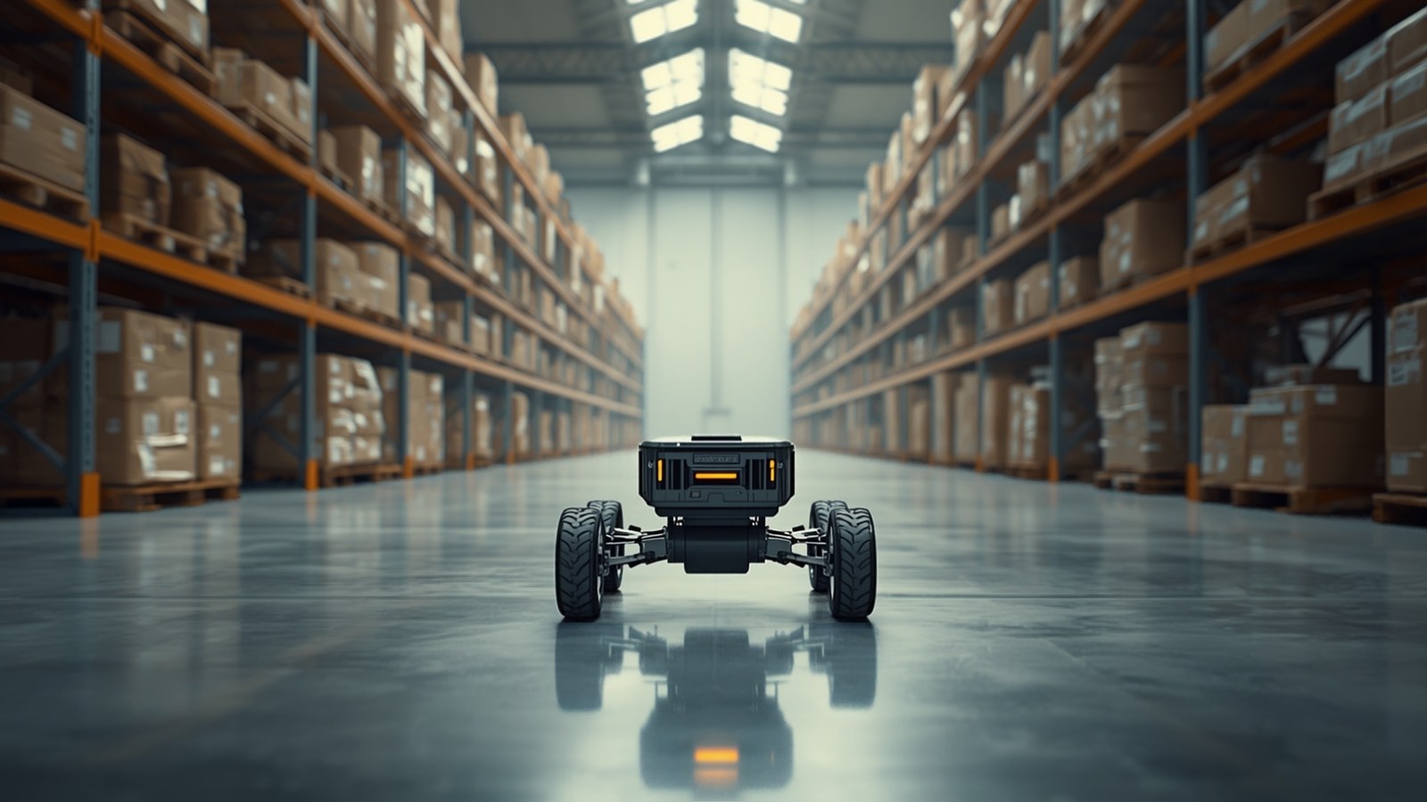 Four-wheeled autonomous robot in a long warehouse aisle