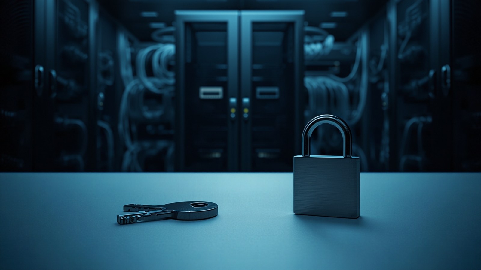 Padlock and key on a table in front of dark server racks