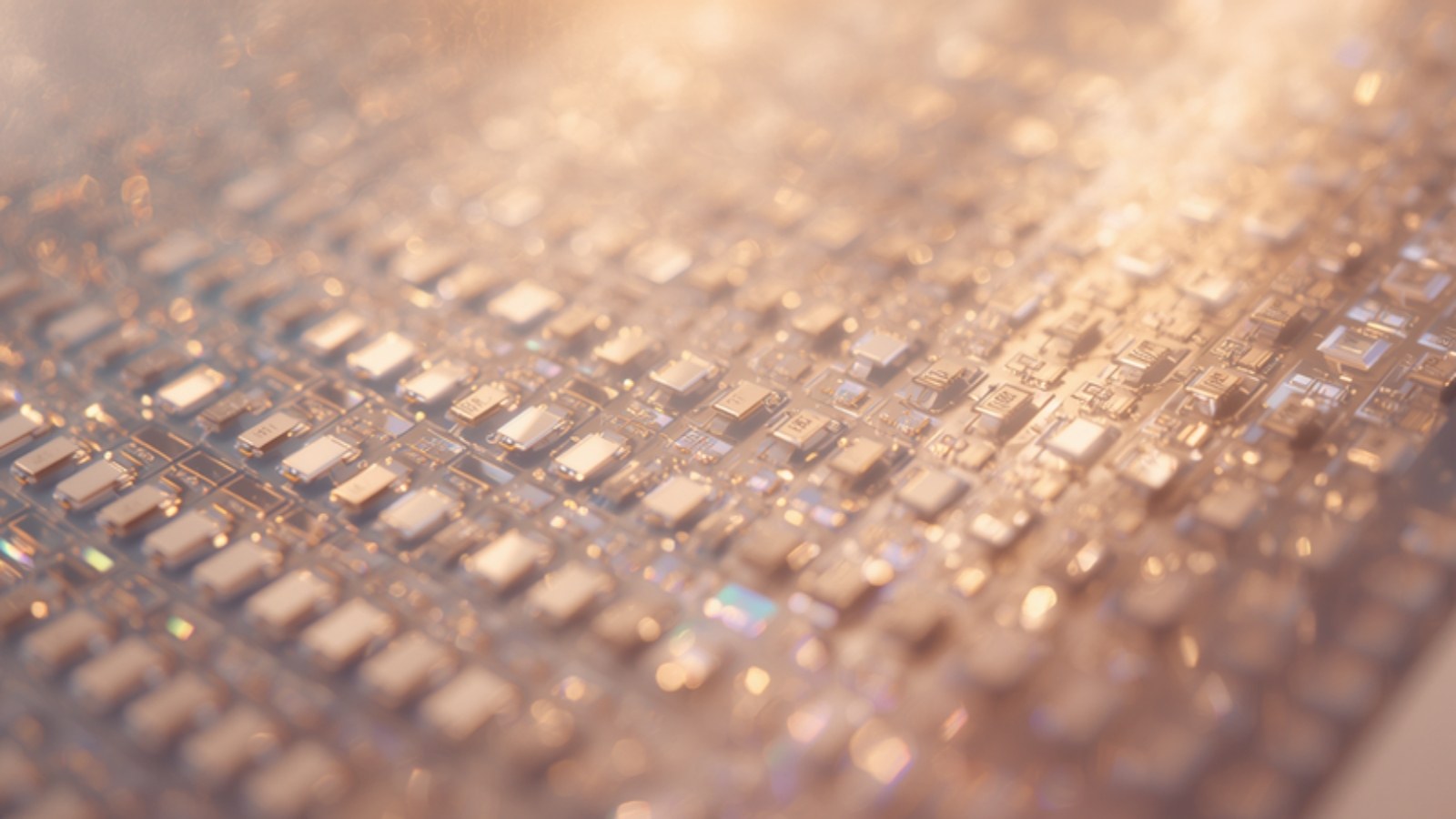 Macro view of densely packed chip components under warm light