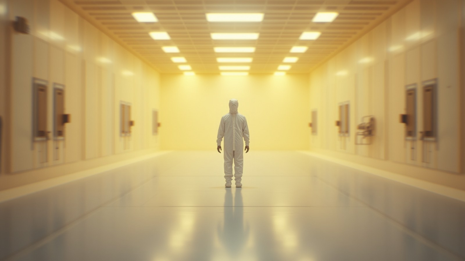 Lone worker in a white cleanroom suit standing at the end of a wide yellow-lit cleanroom hall