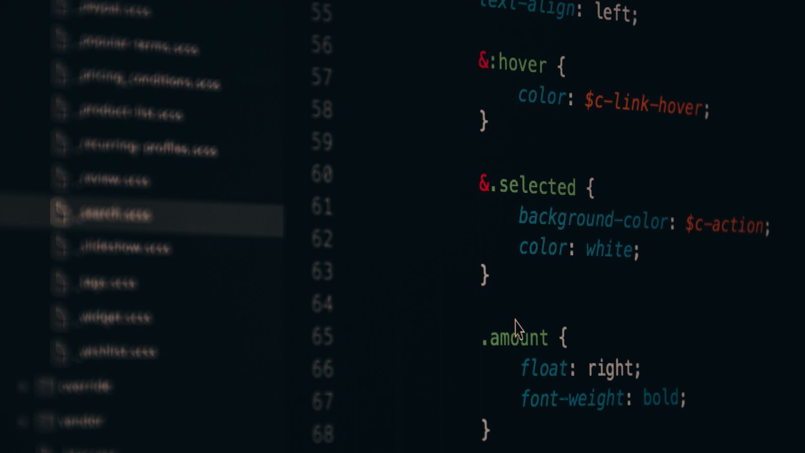 Close-up of colorful CSS code lines on a computer screen for web development.