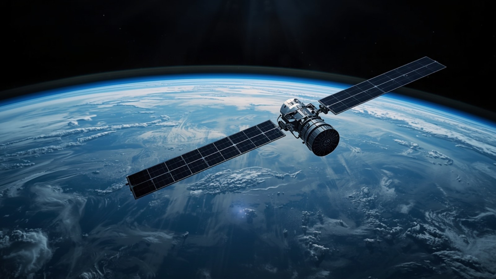 Satellite with long solar arrays over Earth