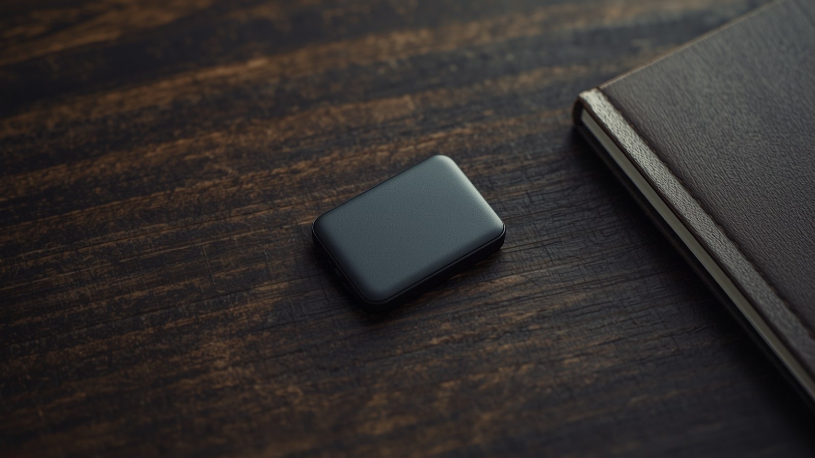 Unbranded hardware wallet on a dark wooden desk next to a notebook