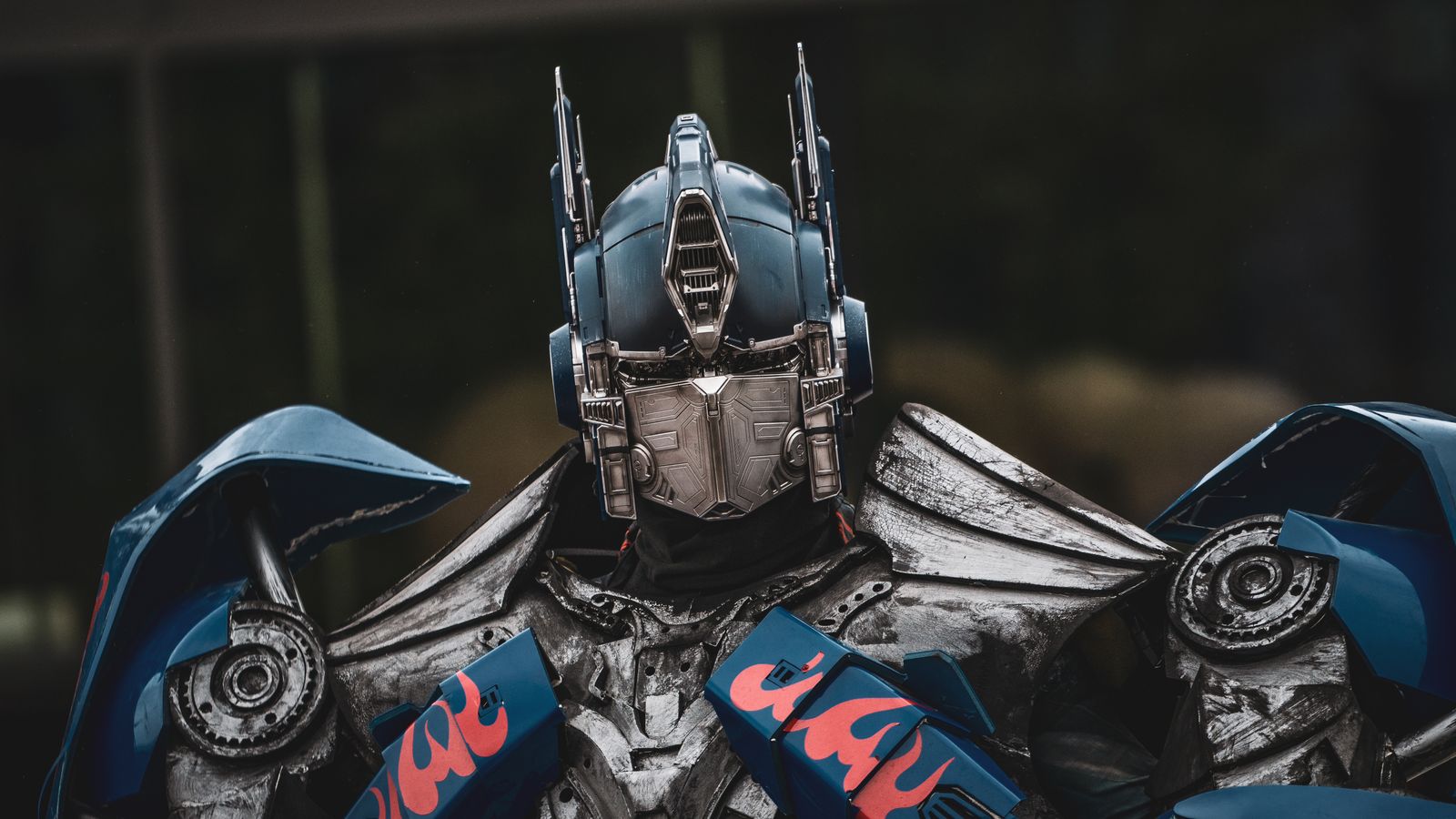 Close-up of a detailed transformer cosplay costume capturing intricate mechanical design.