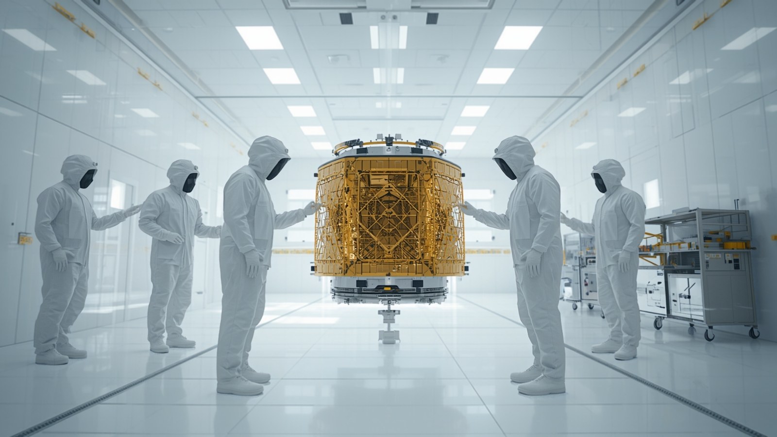 Technicians inspecting a satellite module in a bright cleanroom