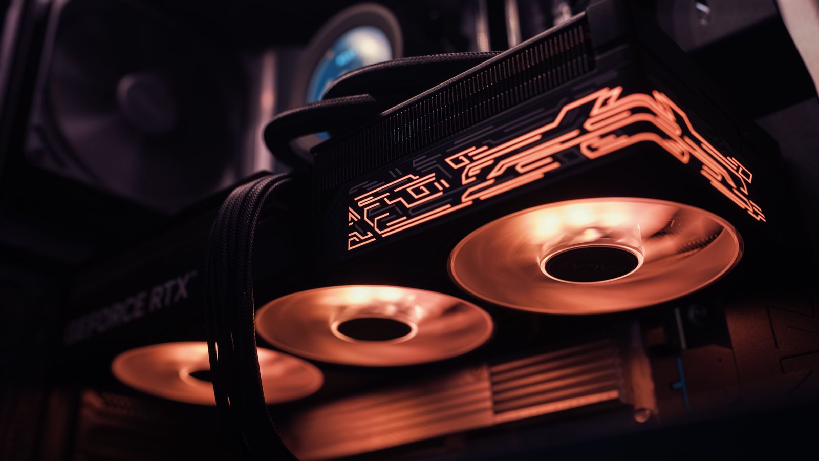 Close-up of a gaming graphics card with illuminated RGB fans, perfect for high-end gaming setups.