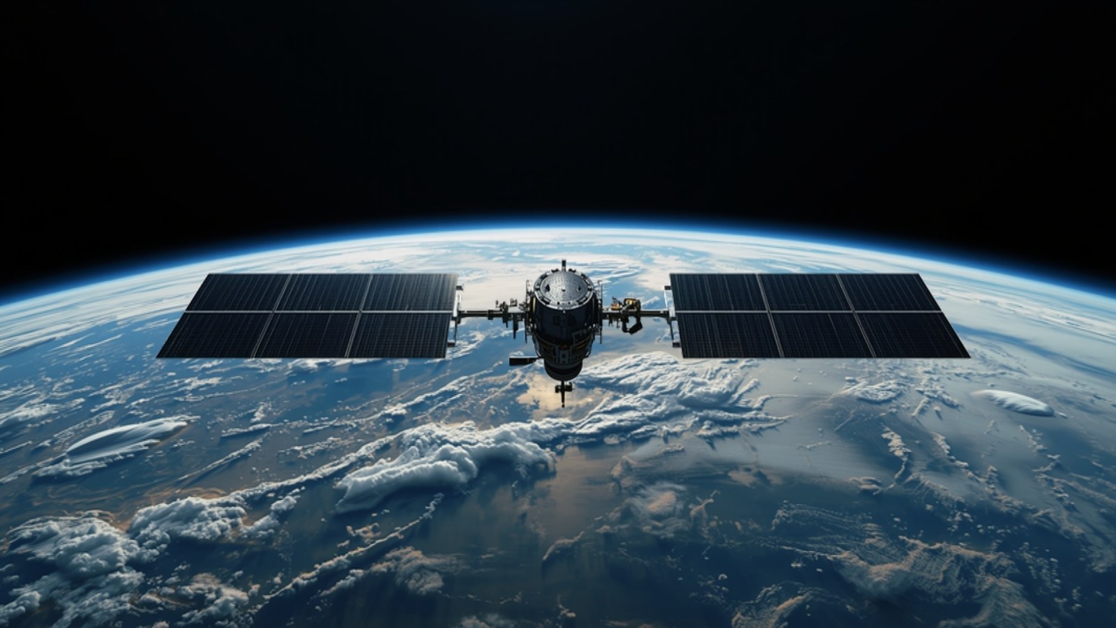 Communications satellite with solar arrays above the cloud-covered Earth
