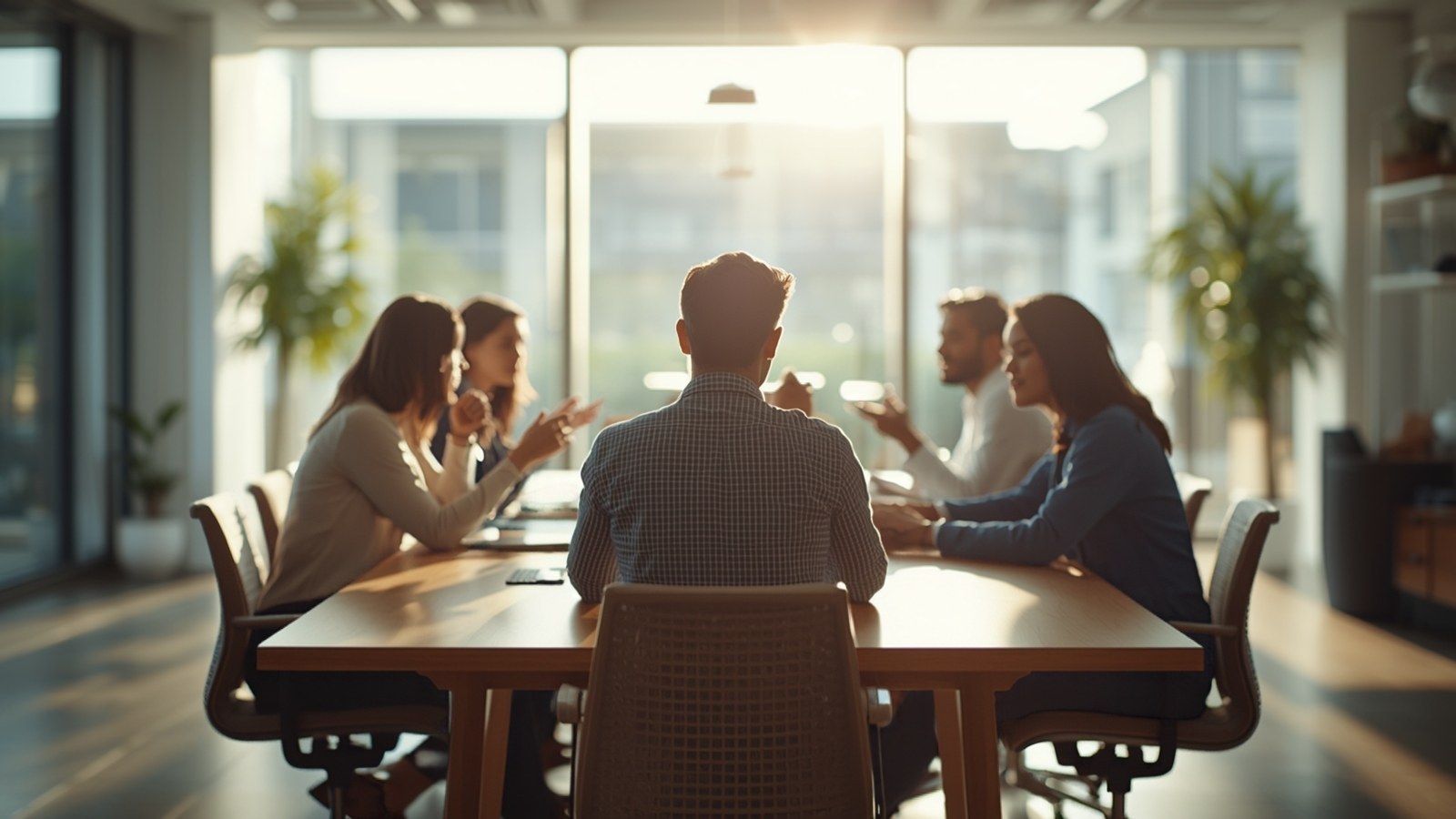 Small team talking around a table in a sunlit office