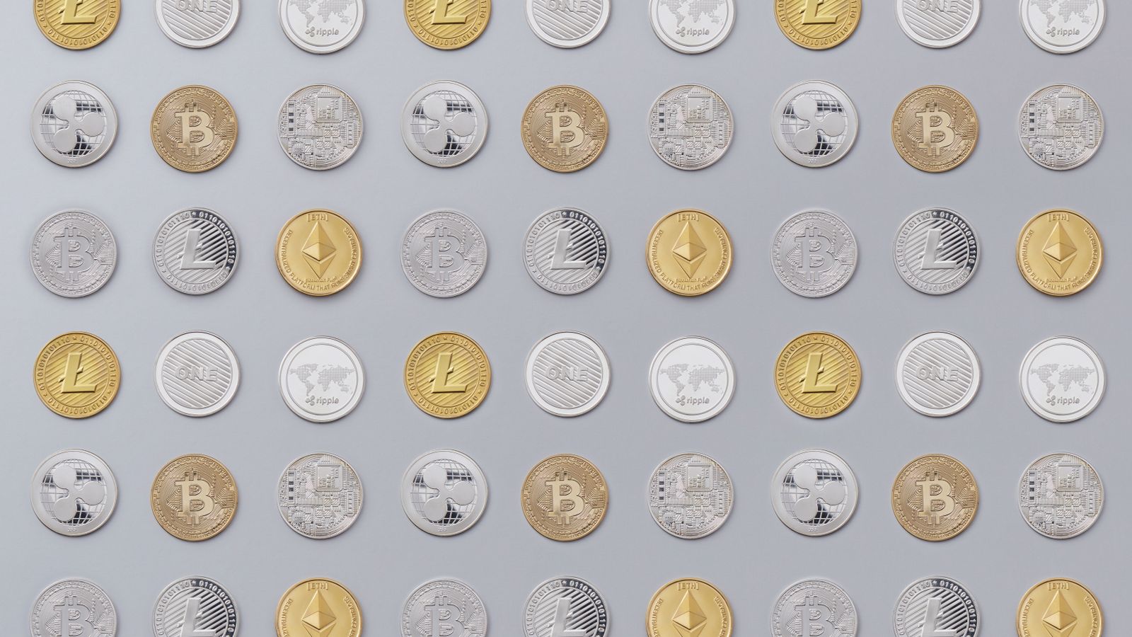A seamless pattern of various cryptocurrency coins in gold and silver tones.