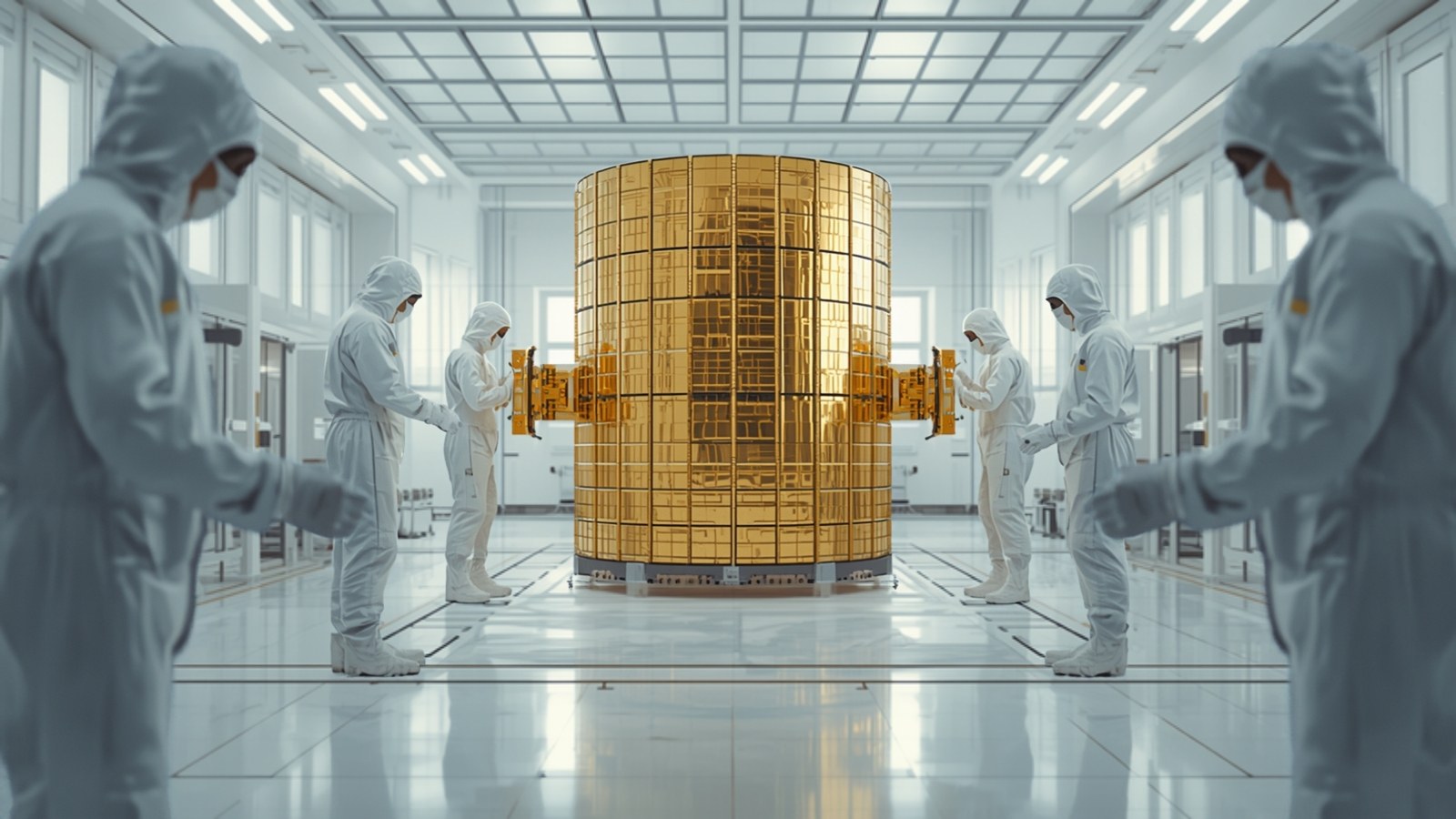 Technicians in cleanroom suits around a gold-foil spacecraft body