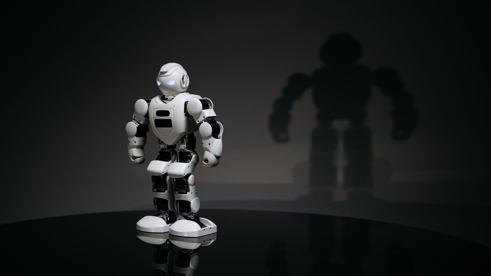 A white and black toy humanoid robot in a studio setting casting a shadow.