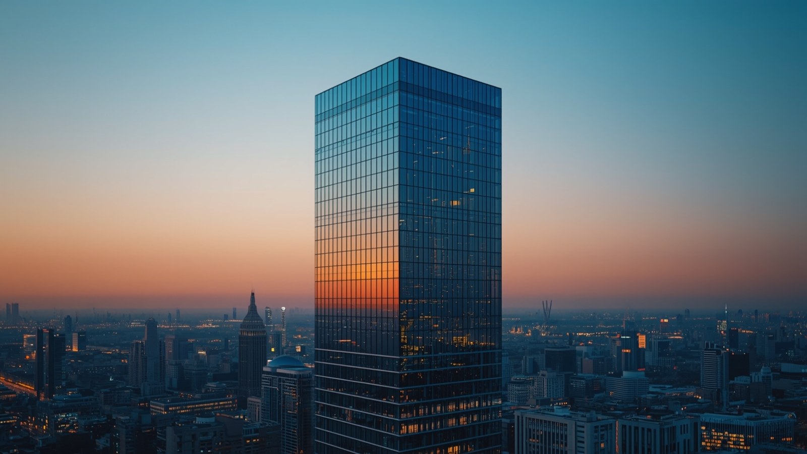 Blue glass high-rise rising above a city at dusk