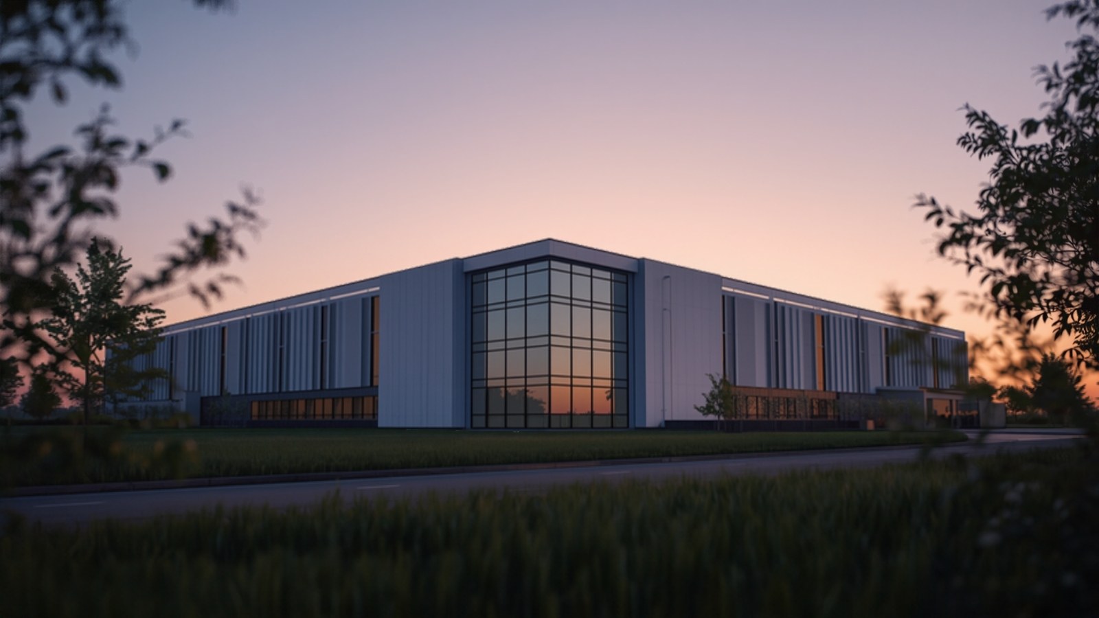 Modern white factory building at dusk, framed by trees and grass in the foreground